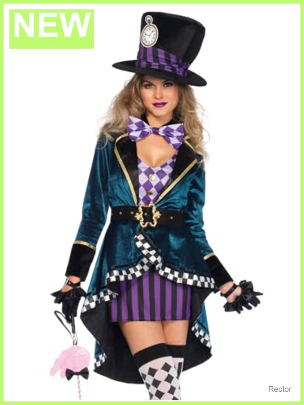 Mad Hatter Costume 5 Piece Dress Jacket Belt Bow Hat Adult